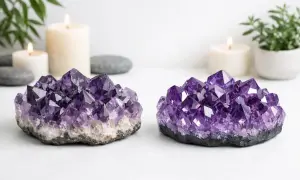 Dos geodas de amatista, qué es la amatista, brillan junto a velas encendidas y plantas.