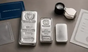 Trzy sztabki srebra inwestycyjnego Germania Mint o wadze 1000g, 500g i mniejsza, obok certyfikaty i lupa.