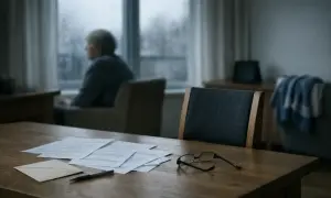 Smutna starsza osoba patrzy przez okno. Na stole leżą dokumenty, koperta, długopis i okulary. Czy to testament i wydziedziczenie?