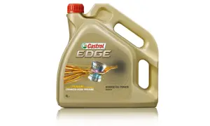 Złoty kanister oleju silnikowego Castrol EDGE z czerwonym korkiem i grafiką.