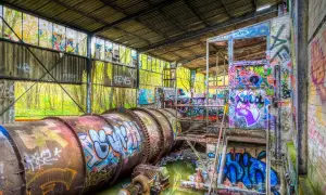 Un site d'urbex au Pays Basque, une ancienne usine envahie par la végétation et recouverte de graffitis colorés, avec de gros tuyaux rouillés et de l'eau stagnante.