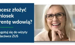 Uśmiechnięta starsza pani z okularami. Tekst: "Chcesz złożyć wniosek o rentę wdowią? Przygotuj się do wizyty w placówce ZUS.