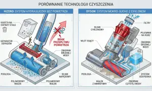 Ilustracja porównująca działanie odkurzacza Hizero (system hydrauliczny) i Dyson (system mokro-suchy z cyklonem).