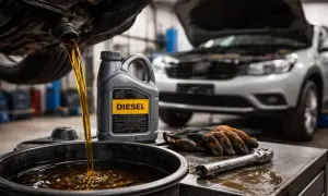 Vidange d'une voiture diesel : l'huile usagée s'écoule dans un bac, à côté d'une bidon d'huile neuve et d'une clé.