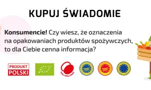 Rolnik z koszem warzyw i owoców zachęca do świadomych zakupów. Widoczne oznaczenia świadczą o jakości produktów z działki rolnej.