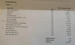 Servicekvitto visar att kamremsbyte ingår i serviceavtal Volvo. Listar oljefilter, bromsvätska, kopparpackning och mer.