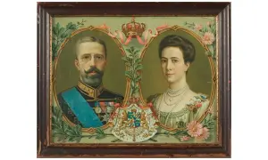 Kung Gustav V och hans fru, drottning Victoria, porträtterade med kungliga symboler och blommor.