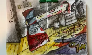 Mroczna scena zbrodni i kary. Lichwiarka leży na podłodze, obok niej wiadro i krew. Na ścianie widać fragment tekstu: "HE SUDDENLY IMAGINED THAT THE OLD WOMAN MIGHT STILL BE ALIVE, AND ACTUALLY COME TO HER SENSES".