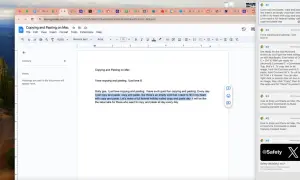 Un documento de Google Docs muestra texto sobre copiar y pegar. La frase "I just copy and paste" está resaltada, sugiriendo la importancia de copiar y pegar.