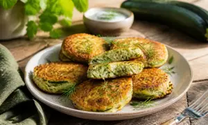 Goldbraune Zucchini-Puffer, frisch zubereitet, liegen auf einem Teller. Ein Puffer ist angeschnitten und zeigt die saftige Füllung.
