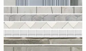 Muestras de fachada sate acabados: texturas rugosas, mármol, hexágonos, listones y ladrillos.