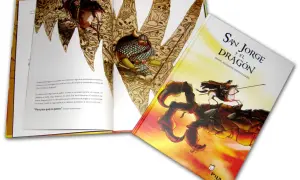 Libro "San Jorge y el Dragón" abierto, mostrando ilustraciones de esqueletos y un caballero. La portada ilustra la historia de San Jorge luchando contra un dragón.