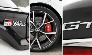 Detaljer från en GR Yaris och en VW Golf GTI. Två sportiga bilar som ger en GT-känsla.