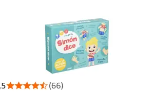 Caja del juego "Simón dice", con ilustraciones de un niño y acciones como "mueve el trasero" o "rascate el pie".