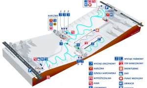 Mapa atrakcji Murzasichle: wyciągi, karczmy, szkoła narciarska, wypożyczalnia, bar, punkt medyczny, parking.