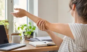 Donna con braccia pesanti senza forza, si massaggia l'avambraccio mentre lavora al computer.