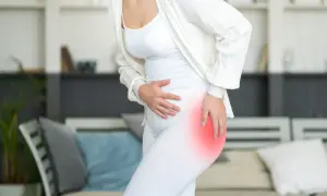 A woman in white clothing holds her hip, which is highlighted in red, indicating pain. She might be wondering, "why do my hips hurt when I sleep?