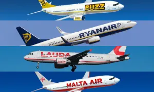Samoloty linii Buzz, Ryanair, Lauda i Malta Air na tle nieba. Ryanair to tanie linie lotnicze, które oferują loty po Europie.