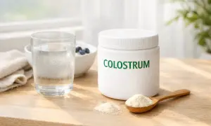 Słoik z colostrum, szklanka wody i łyżeczka proszku. Kiedy brać probiotyk rano czy wieczorem? Oto składniki na zdrowy początek dnia.