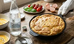 Frittata alta appena sfornata, con accanto una bottiglia di acqua frizzante, pomodorini e gusci d'uovo.