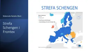 Mapa Europy z zaznaczonymi krajami strefy Schengen. Kolory wskazują kraje UE, spoza UE, poza strefą oraz kandydujące.