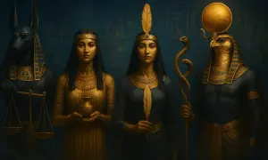 Bogowie egipscy: Anubis z wagą, dwie kobiety z wazą i piórem, oraz Horus z wężem.