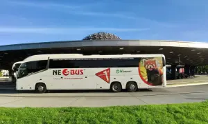 Neobus-Bus mit Pandas-Motiv am Busbahnhof, bereit für die Busreise nach Krakau.