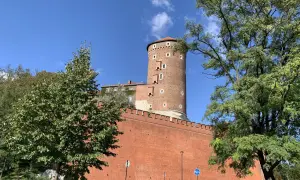 Wawel, jeden z najpiękniejszych zamków w Krakowie, wznosi się dumnie na tle błękitnego nieba.
