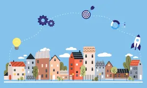 Eine Glühbirne, Zahnräder, Zielscheibe, Diagramm und Rakete über einer Stadtkulisse – **innovative Ideen Beispiele** für den Aufstieg.