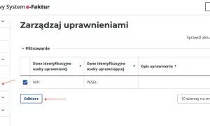 Widok formularza zaw-fa do zarządzania uprawnieniami. Można tu odebrać lub nadać uprawnienia, a także przeglądać listę faktur.