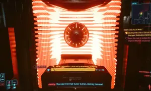 Cyberpunk 2077: Delamain reanimacja. Gracz stoi przed rdzeniem Delamaina, wybierając między jego zniszczeniem a przywróceniem.