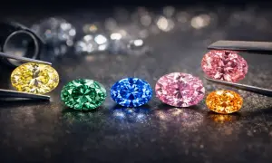 Klejnoty tęczy: żółty, zielony, niebieski, różowy i pomarańczowy oszlifowany diament, każdy lśniącym blaskiem.