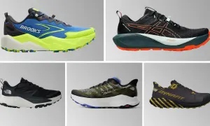 Fünf Trailrunning-Schuhe, ideal als Antwort auf die Frage: welche schuhe zum wandern im sommer. Von Brooks, Asics, The North Face, Icebug und Dynafit.