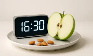 Orologio digitale segna le 16:30, ora perfetta per uno spuntino pomeridiano con una mela verde e mandorle.