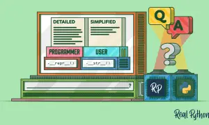 Illustration d'un écran d'ordinateur montrant "PROGRAMMER" avec `__repr__()` et "USER" avec `__str__()`. Des bulles Q&A et un point d'interrogation suggèrent une explication.