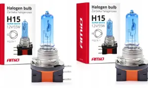 Dwie żarówki halogenowe H15 AMIO Super White 12V/55W, idealne do Skoda Octavia 1, zapewniające jasne światło.