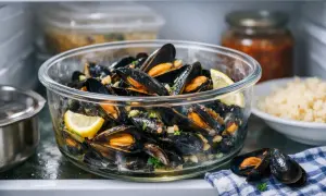 Un bol de moules cuites, garnies de citron et de persil, prêt pour la conservation au frais.