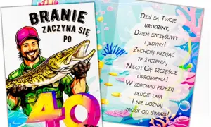Wesołe śmieszne życzenia urodzinowe dla wędkarza z okazji 40. urodzin. Niech ryby same wpadają w sieć!
