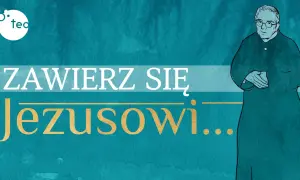 Grafika z napisem "Zawierz się Jezusowi..." i postacią kapłana. Modlitwa "Jezu, Ty się tym zajmij" to klucz do pokoju.
