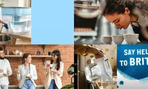 En kvinna häller vatten från en Brita-kanna, som minskar vatten hårdhet. Bilden visar också människor som dricker kaffe och en kvinna som doftar på kaffebönor.