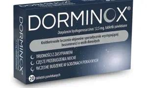 Opakowanie leku Dorminox, który pomaga na bezsenność. Zawiera 20 tabletek powlekanych.