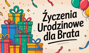 Kolorowe prezenty i balony tworzą radosną atmosferę. Tekst "Życzenia Urodzinowe dla Brata" zaprasza do świętowania.