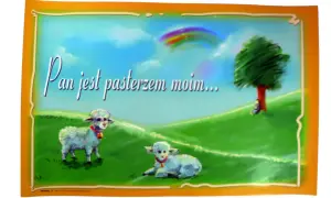 Dwa jagniątka na zielonej łące, tęcza na niebie i napis "Pan jest pasterzem moim".