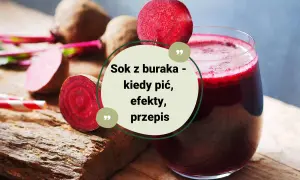 Szklanka pełna intensywnego soku z buraka, obok świeże buraki i słomki. Tekst informuje o korzyściach i przepisie na sok z buraka.