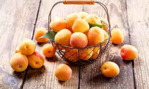 Kosz pełen soczystych moreli Early Orange na drewnianym blacie.
