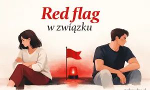 Para siedzi odwrócona od siebie, z czerwoną flagą i syreną między nimi. To największe czerwone flagi u faceta, które mogą zwiastować problemy w związku.
