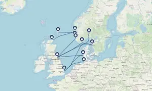 Mapa pokazuje trasy morskie z Wielkiej Brytanii do Norwegii, przez Danię i Szwecję. Jak dojechać do Norwegii? Promem!