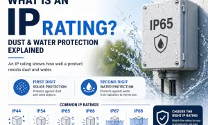 Explication du signification IP53 : protection contre la poussière et les jets d'eau. Boîtier gris IP65 sous la pluie.