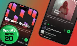 Two phones display Spotify playlists: "Discover Weekly" and "Release Radar." A green circle celebrates "Spotify turns 20.