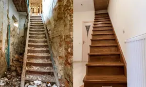 Vorher-Nachher-Vergleich: Eine verfallene Holztreppe wurde erfolgreich renoviert und erstrahlt nun in neuem Glanz.